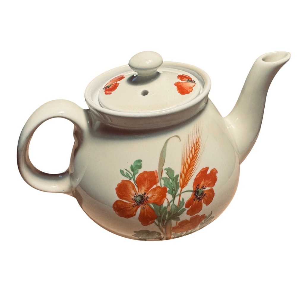 Hall Superior Quality Poppy and Wheat Vintage Ceramic Teapot with Lid Cream 50's